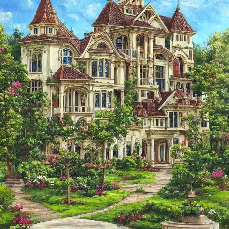 Prompt: a beautiful painting of a beautiful house with beautiful architecture and various architectural inserts with a beautiful delightful garden, highly detailed