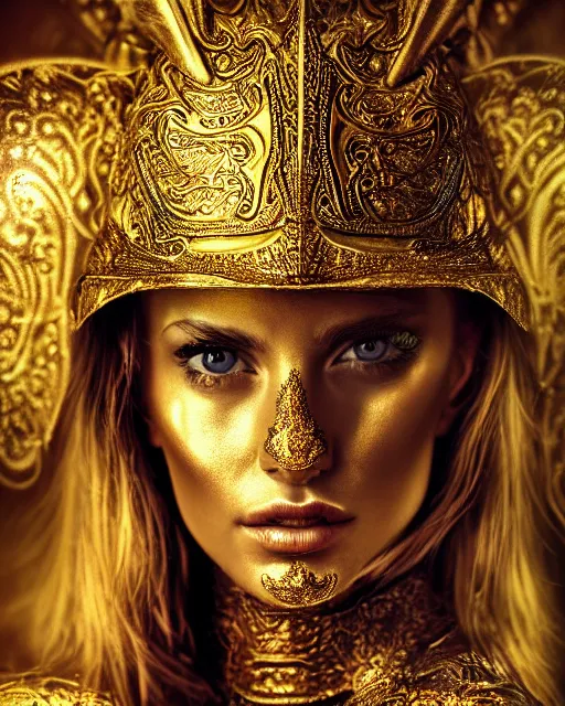 Image similar to airbrush portrait of woman in shining golden armor, high production value, intricate details, high resolution, hdr, high definition, masterpiece, realistic, ultrarealistic, highly detailed, hd, sharp focus, non blurry, sharp, smooth