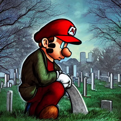 Prompt: Digital art of an aged Mario kneeling in a graveyard. The headstone in front of him says YOSHI. The trees in the graveyard are bare. The art evokes a sensation of loss and nostalgia.