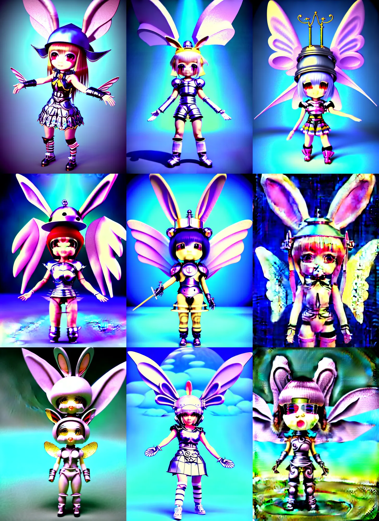 Prompt: vintage cgi 3 d render of chibi cyborg bunny knight n the style of micha klein and ichiro tanida a big wizard hat and wearing angel wings against a psychedelic swirly background with 3 d butterflies and 3 d flowers n the style of 1 9 9 0's cgi graphics 3 d rendered y 2 k aesthetic by micha klein and final fantasy