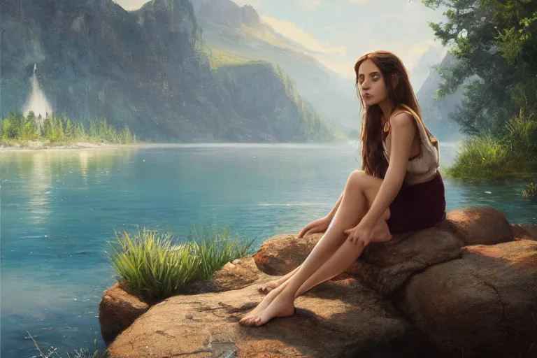 Image similar to an epic cinematic masterpiece of hyperrealism in which a girl sits on a rock by a lake with her feet in the water, a realistic poster with shaded lighting from craig mallismo, artgerm, jeremy lipkin and michael garmash, unreal engine, radiant light, detailed and complex environment, digital art, art station trends