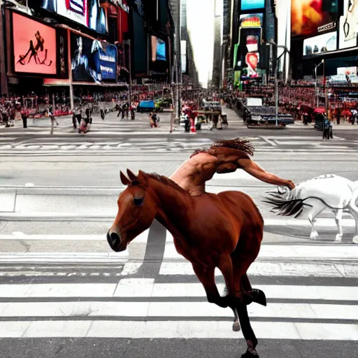 Image similar to an extremely realistic photograph of a centaur with the head mane and torso of a horse, but human legs running through times square