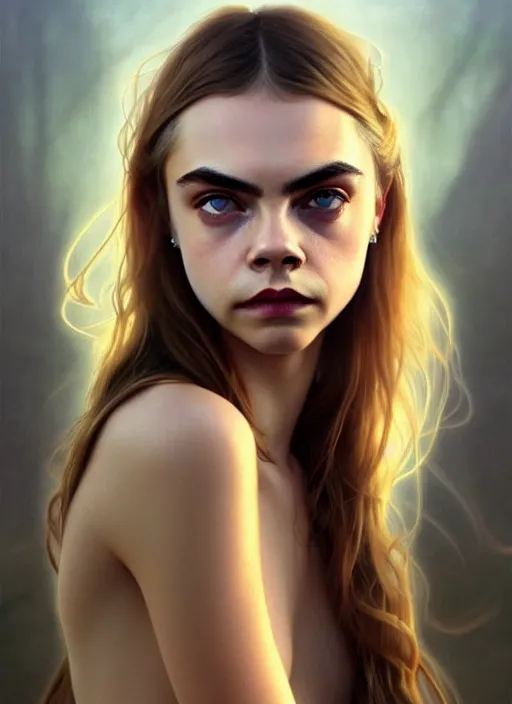 Image similar to half cara delevingne half Anya Taylor-Joy a pure gorgeous seductive angel, full body portrait, slight smile, diffuse natural sun lights, autumn lights, highly detailed, digital painting, artstation, concept art, sharp focus, illustration, art by wlop and greg rutkowski and alphonse mucha and artgerm