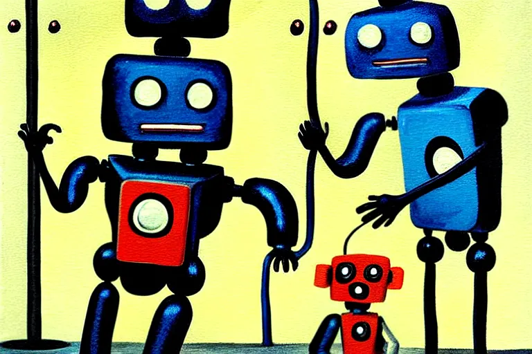 Image similar to a cute little robots painting by charles addams