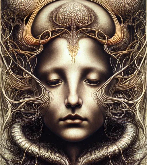 Prompt: detailed realistic beautiful metallic goddess face portrait by jean delville, gustave dore, iris van herpen and marco mazzoni, art forms of nature by ernst haeckel, art nouveau, symbolist, visionary, gothic, neo - gothic, pre - raphaelite, fractal lace, intricate alien botanicals, biodiversity, surreality, hyperdetailed ultrasharp octane render