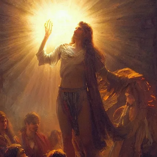 Image similar to a handsome slender young man with wavy brown hair summons a ball of light into his hand. dramatic. cinematic. holy. saintly. demigod. lord of light. gaston bussiere. geoffroy thoorens