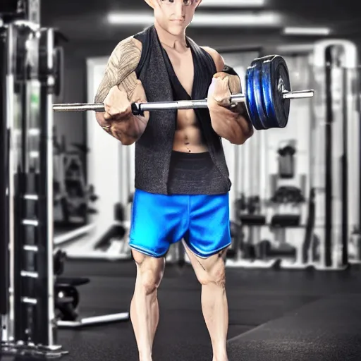 Image similar to male elf at the gym, lifting weights. ethereal beauty contrasting hard metal equipment. fantasy athlete. weight training. elven elfish elf ears elf beauty pretty boy symmetrical face good looking handsome fair fine.