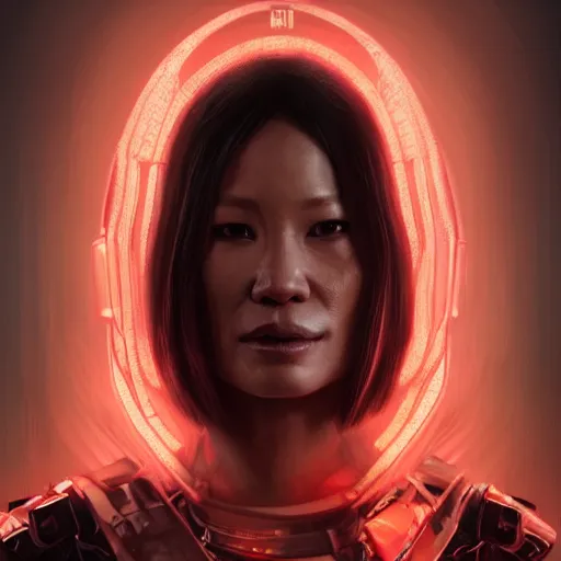 Image similar to lucy liu portrait, dystopia core, apocalyptic, armor, warrior, dramatic, sharp focus, fiction, neon, fantasy, hyper detailed, digital art, trending in artstation, cinematic lighting, studio quality, smooth render, unreal engine 5 rendered, octane rendered, art style and nixeu and wlop and krenz cushart