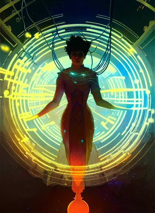 Image similar to high depth, collective civilization lightspeed, calm, healing, resting, life, glowing lights!!, published concept art, mixed medias, image overlays, sharp focus, thin glowing wires, winning illustration, art by greg rutkowski and alphonse mucha, singularity!!!, 3 6 0 projection