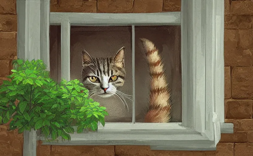 Prompt: sleeping cat on window, inside house in village, plants, calm, warm, cozy, digital art, sweet home, cute, detailed