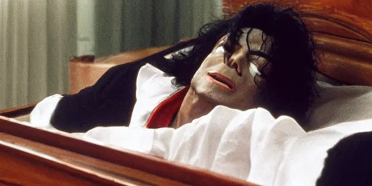 Image similar to photo still of michael jackson unconscious inside a coffin, full-shot, 4k