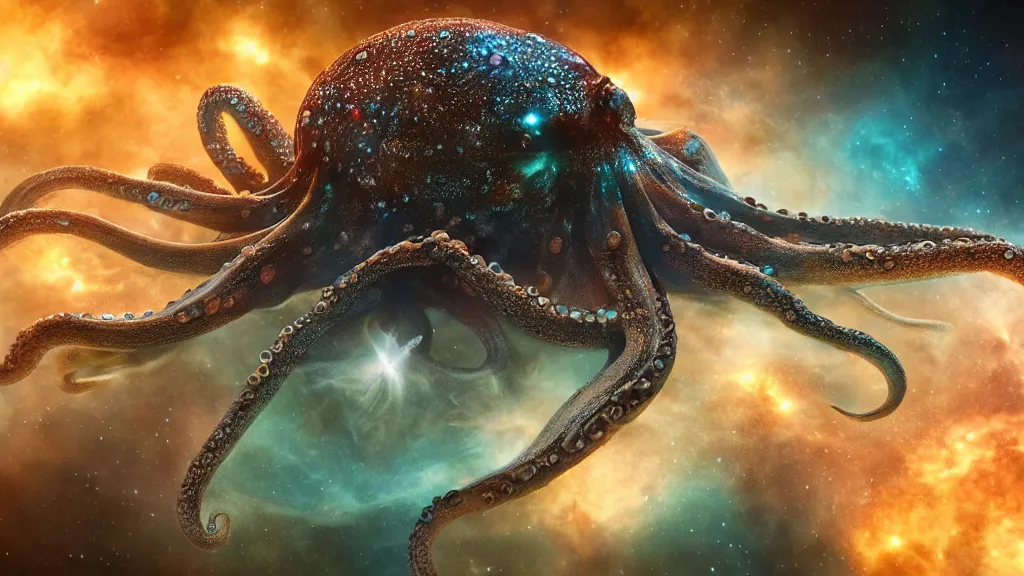 Image similar to octopus spider hybrid on a planet. close bottom view. whole body. nebula background. cinematic composition. cinematic lightning. ultra realistic. 8 k. highly detailled. deep space. ultra realistic details. cinematic atmosphere. studio lighting. shadows. dark background.