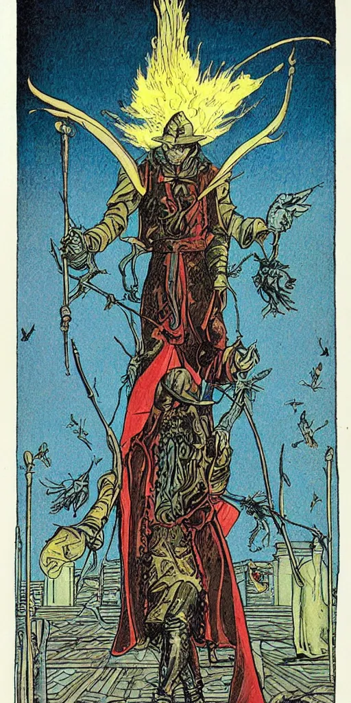 Prompt: the tarot card of the magician painted by moebius.