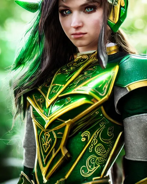 Image similar to a beautiful elf ranger with long hair and green eyes, no helmet, wearing green and gold futuristic mecha armor, with ornate rune carvings and glowing lining, very detailed, shot in canon 50mm f/1.2