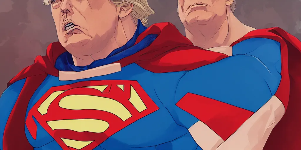 Image similar to donald trump as superman, studio portrait, detailed face close - up, art by makoto shinkai, studio ghibli, greg rutkowski, wlop, artgerm, highly detailed, 4 k, digital art, high quality