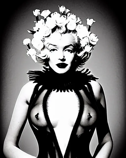 Image similar to dreamy surreal poetic black and white photo of a beautiful young bio-mechanical-female-jellyfish-cyborg-plant-plastic-robot Marilyn Monroe with a very long neck and a super big gothic lace collar and a very high big floral crown with many black dry roses by Vivienne Westwood:: smoke, high fashion, haute couture, rococo, avant-garde, elegant, dreamy, hyper realistic, 150 mm lens, soft rim light, octane render, unreal engine, picture was taken in 1910 by Dora Maar, volumetric lighting, dramatic light,8k,