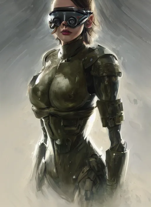 Image similar to a professional painting of a beautiful young female, clothed in stealth armor, compact nightvision goggles, olive skin, long dark hair, beautiful bone structure, symmetrical facial features, intricate, elegant, digital painting, concept art, smooth, sharp focus, illustration, from Metal Gear, by Ruan Jia and Mandy Jurgens and Artgerm and William-Adolphe Bouguerea