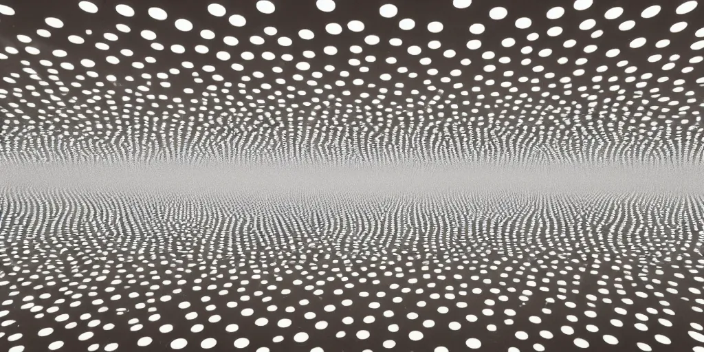 Image similar to Yayoi Kusama huge organic microorganisms lamps levitating on the ceiling no-gravity installation in white empty spacious space, maximum natural texture, white warm illumination, in low fog, 8k resolution, best color graded, vray beautiful, subsurface scatter, hyper-realistic render