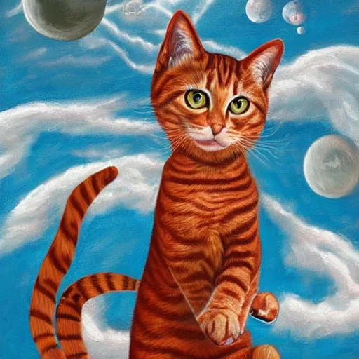 Image similar to a red tabby cat on a synthesizer flying through space , highly detailed oil painting in Memphis style