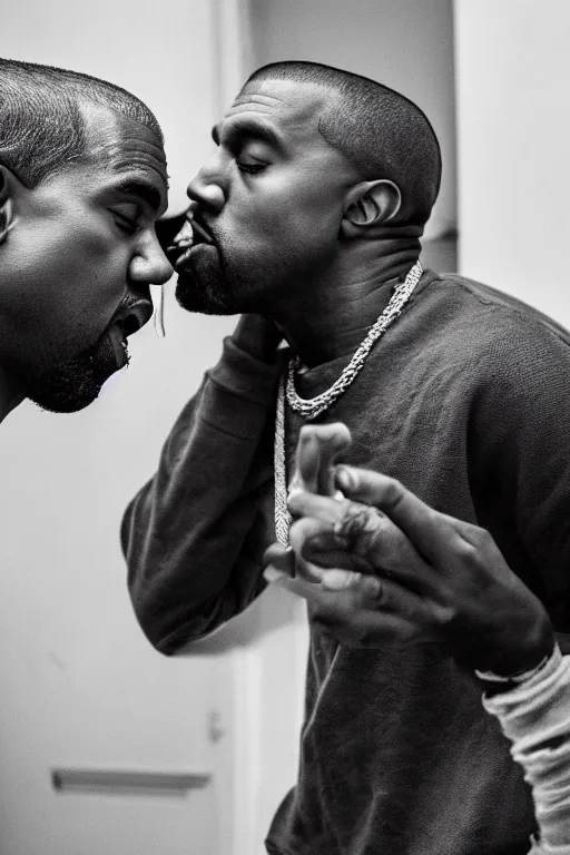 Prompt: kanye west with a giant crustacean crawling out of his mouth black and white photograph 50mm