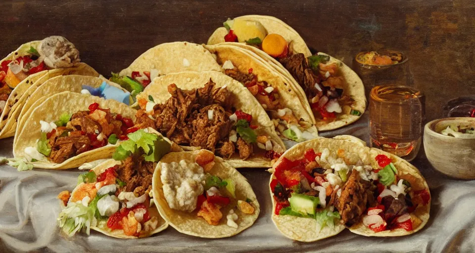 Image similar to a still life of tacos, wolfs, sheep, in the style of romanticisim