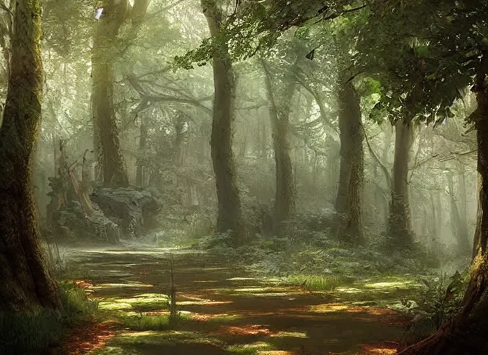 Prompt: A beautiful pathway in a forest with fairies, lush trees, a fantasy digital painting by Greg Rutkowski and James Gurney, trending on Artstation, highly detailed