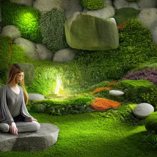 Image similar to hyper realistic render of a heavenly garden of peace, filled with trees, stone slab, flowers, moss, ferns, a girl meditating at a distance, trending on artstation, volumetric lighting, hyper realistic, hyper detailed, high quality render, blender guru