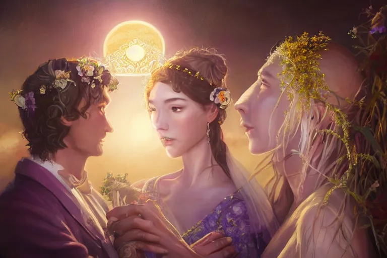 Image similar to a dreamlike cinematic portrait of wedding photograph close up moment of a divine a russia sun god and moon goddess lovers magician at a wedding banquet. portraiture. digital painting. artstation. concept art. fantasy wedding photo. digital painting, 8 k realistic, hyper detailed, violet evergarden art masterpiece by art by krenz cushart