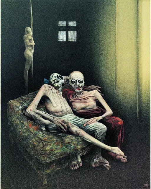 Image similar to an old dead couple sitting on a couch in an old soviet apartment, Beksinski painting, part by Adrian Ghenie and Gerhard Richter. art by Takato Yamamoto, Francis Bacon masterpiece