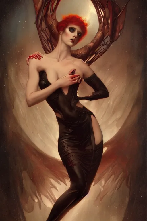 Image similar to Succubus by Tom Bagshaw in the style of Gaston Bussière, art nouveau