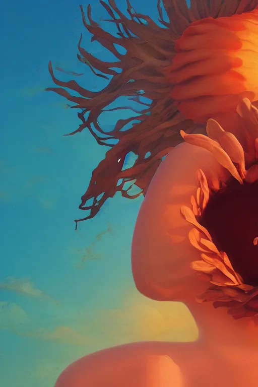 Image similar to closeup giant dahlia flower head, girl laying on beach, surreal photography, blue sky, sunrise, dramatic light, impressionist painting, digital painting, artstation, simon stalenhag