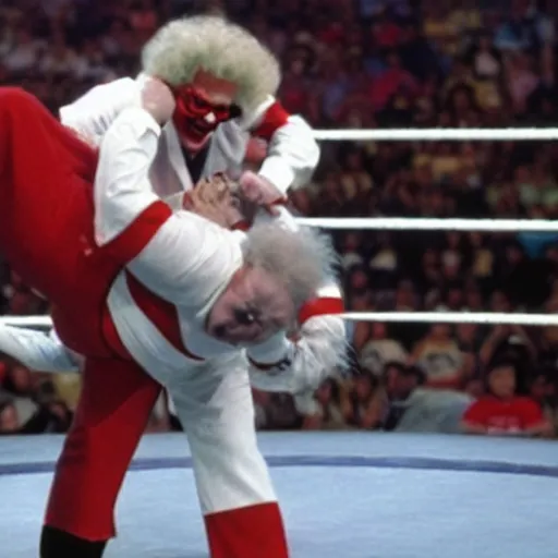 Image similar to A 1990s still of Ronald McDonald and Colonel Sanders wrestling in WWE