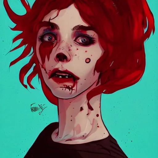 Image similar to Highly detailed portrait of pretty punk zombie young lady with, freckles and beautiful hair by Atey Ghailan, by Loish, by Bryan Lee O'Malley, by Cliff Chiang, inspired by image comics, inspired by graphic novel cover art, inspired by izombie, inspired by scott pilgrim !! Gradient red, black and white color scheme ((grafitti tag brick wall background)), trending on artstation