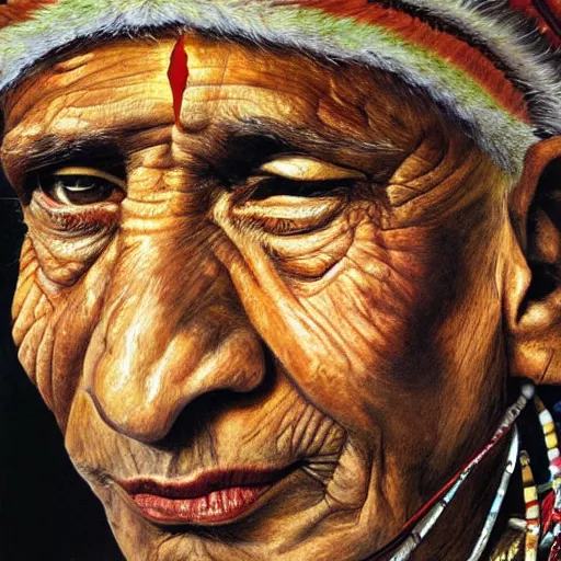 Image similar to high quality high detail painting by lucian freud, hd, portrait of a indian tribe leader, photorealistic lighting