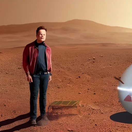 Image similar to Elon Musk hanging out with Pikachu on Mars, Realistic, 4k, Highres, High Detail, Film Grain, Lens Flare