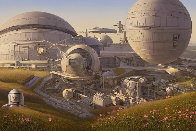 Prompt: a beautiful science fiction factory with a single spherical design by starwars and army, on a a single hill in the french countryside, spring season, beautiful grass and flowers, highly detailed painting by studio ghibli and louis remy mignot, leyendecker, craig mullins, nice afternoon lighting, fine and smooth tiny details, soft and clear shadows, low contrast, perfect