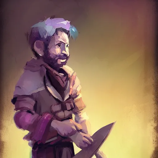 Prompt: duergar male child character portrait with pale purple skin, by Ismail Inceoglu, shabby clothes, leather pouch, wielding knife, grinning, youthful, dungeons and dragons, digital art, art