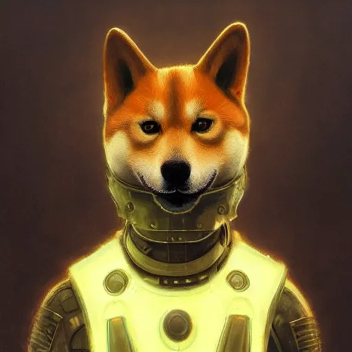 Image similar to realistic anthropomorphic shiba inu, in radiation suit armor, fantasy science fiction, glowing electric aura, by donato giancola and greg rutkowski and wayne barlow and zdzisław beksinski, realistic face, visible face, digital art, artstation, symmetry