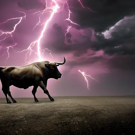 Image similar to bull volume sky concept art pink hyper realistic epic cinematic lightning