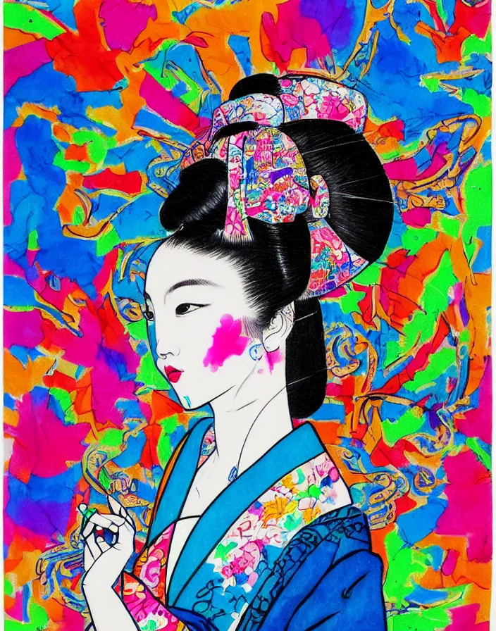 Image similar to ink on paper, a portrait of a geisha wearing a colorful kimono with graffiti tags, by goyo hashiguchi!!, colorful, xray melting colors!!