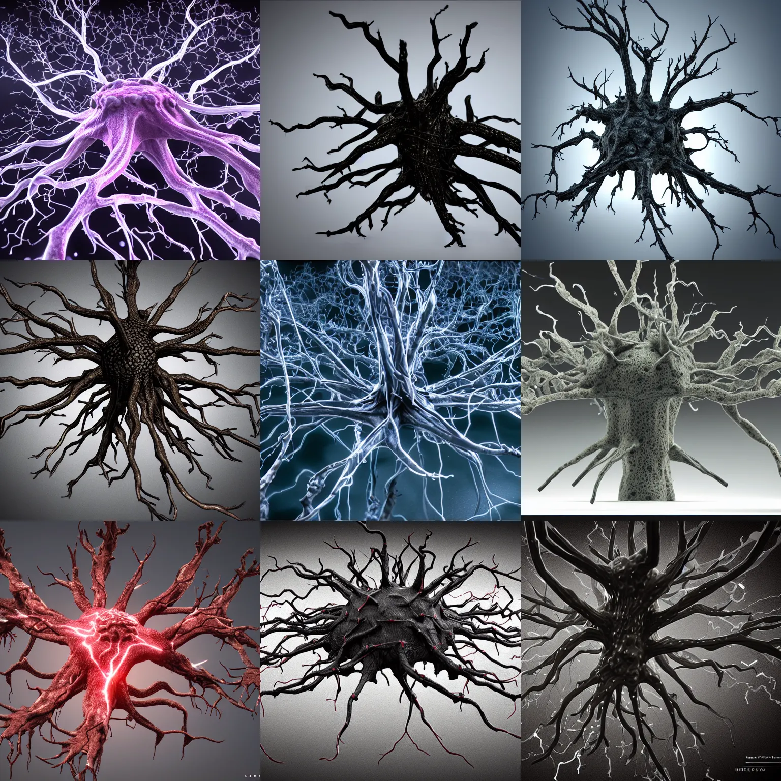 Prompt: army of evil neuron dendritic monster, t - pose, hyperrealistic, hyperdetailed, vray, 5 5 mm