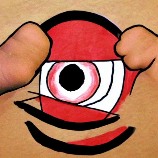 Image similar to child drawing of red eyed emoji face smiling with thumb up