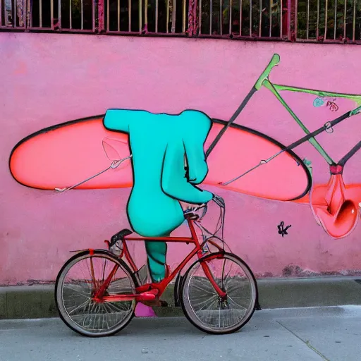 Prompt: a grafitti of a bicycle carrying a surfboard, pink and orange, street art by Etam Cru and Madsteez