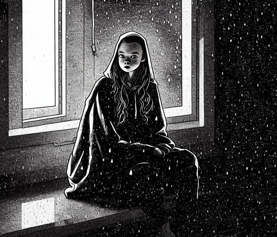 Image similar to sadie sink in hoodie sits on windowsill, knees tucked in | rain falls at night : storyboard, scifi cyberpunk. by joe alves, chris bonura. cinematic atmosphere, detailed and intricate, perfect anatomy