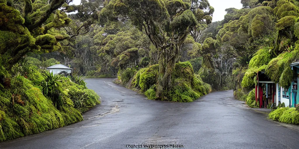 Prompt: a street in khandallah, wellington, new zealand lined by new zealand remnant ancient montane forest. podocarp, rimu, kahikatea, mountain cabbage trees, moss, vines, epiphytes, birds. windy rainy day. people walking in raincoats. 1 9 0 0's colonial cottages. harbour in the distance.