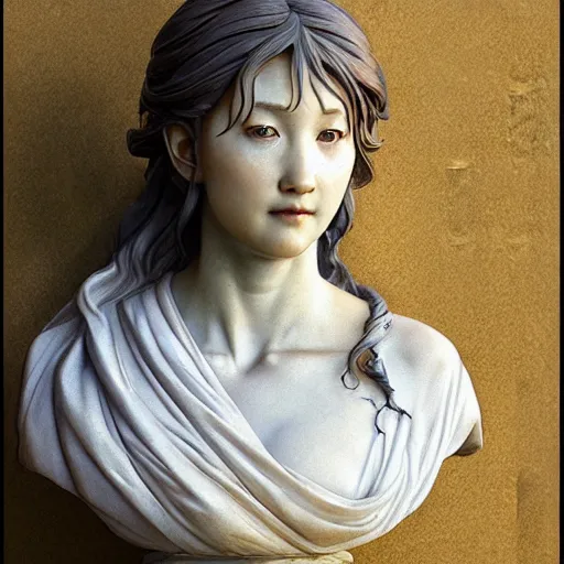 Image similar to beautiful lifelike award winning marble statue bust of iwakura lain trending on art station artgerm greg rutkowski alphonse mucha museum quality cinematic atmospheric