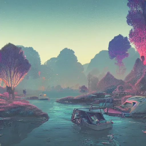 Prompt: dreamlike photo of a sparse village near a river and intertwined with nature, defunct technology, by Moebius by Simon Stålenhag, 4k wallpaper, high details, blur, motion blur, volumetric lighting, dynamic, synthwave, 80s , retro