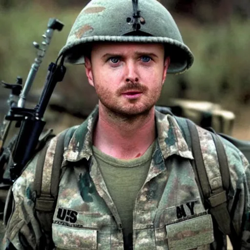 Image similar to aaron paul dressed as a us army soldier during the vietnam war, highly detailed, cinematic lighting, photorealistic