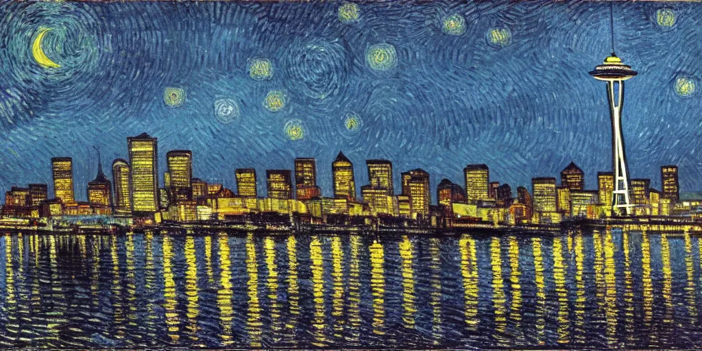 Image similar to downtown Seattle at night, with Space Needle, by VanGogh, detailed