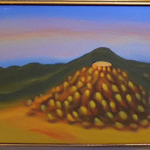 Image similar to a conrad bluff oil painting of a small hill covered in cactus with a circular 1 0 lane highway at it's base full of evening traffic